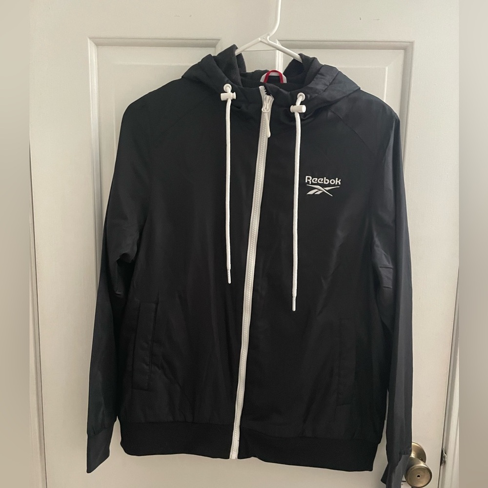 Reebok Black Nylon Style Fleece Lined Full Zip Hooded Jacket Womens Medium